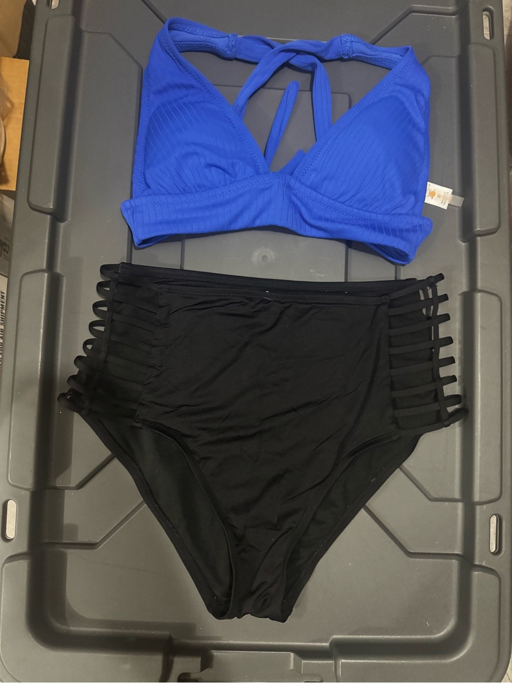 High-Waist Strappy Bikini Set - Royal Blue & Black